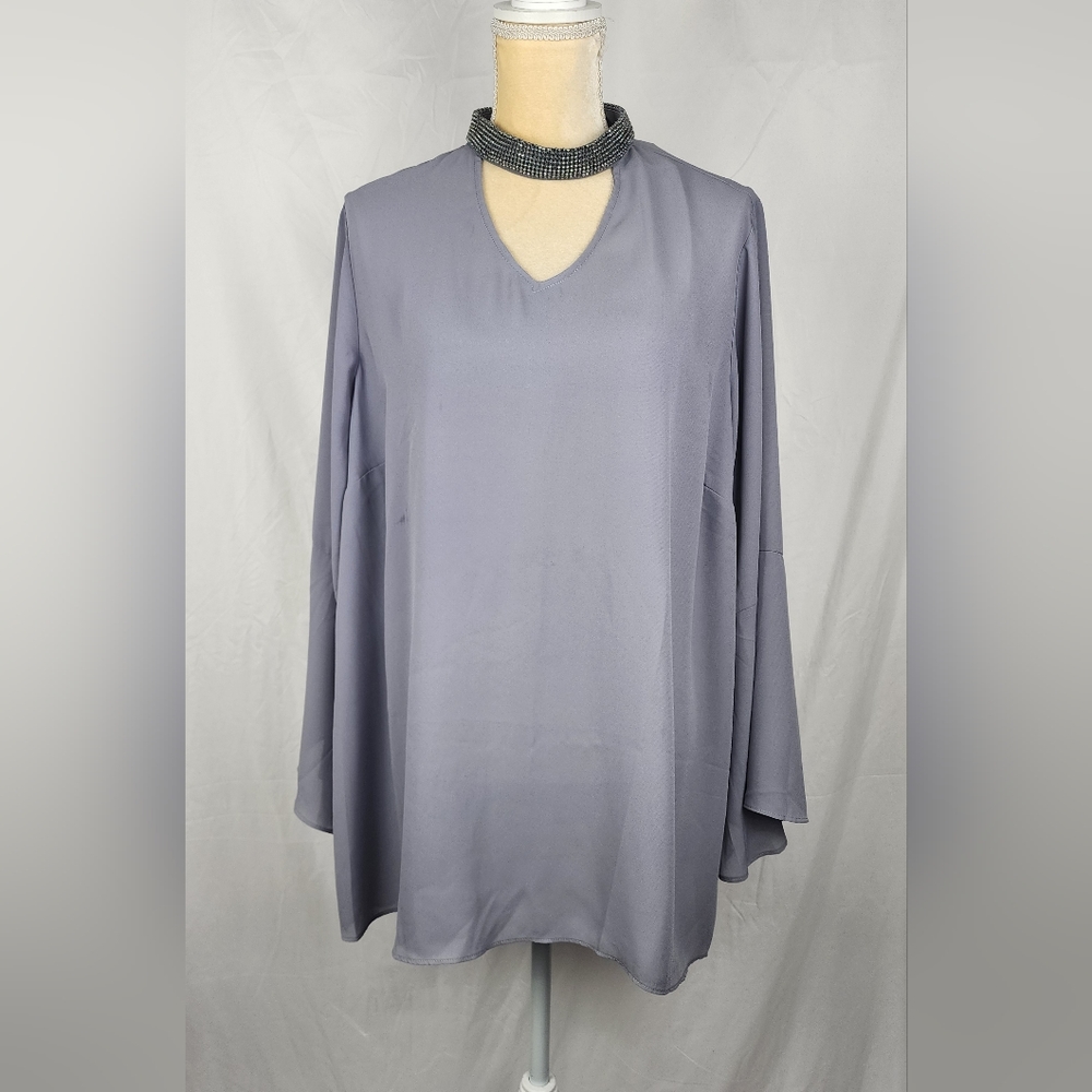 Lane Bryant Beaded Choker Bell Sleeve Flowy Gray Tunic Chiffon Top NWT sz 20